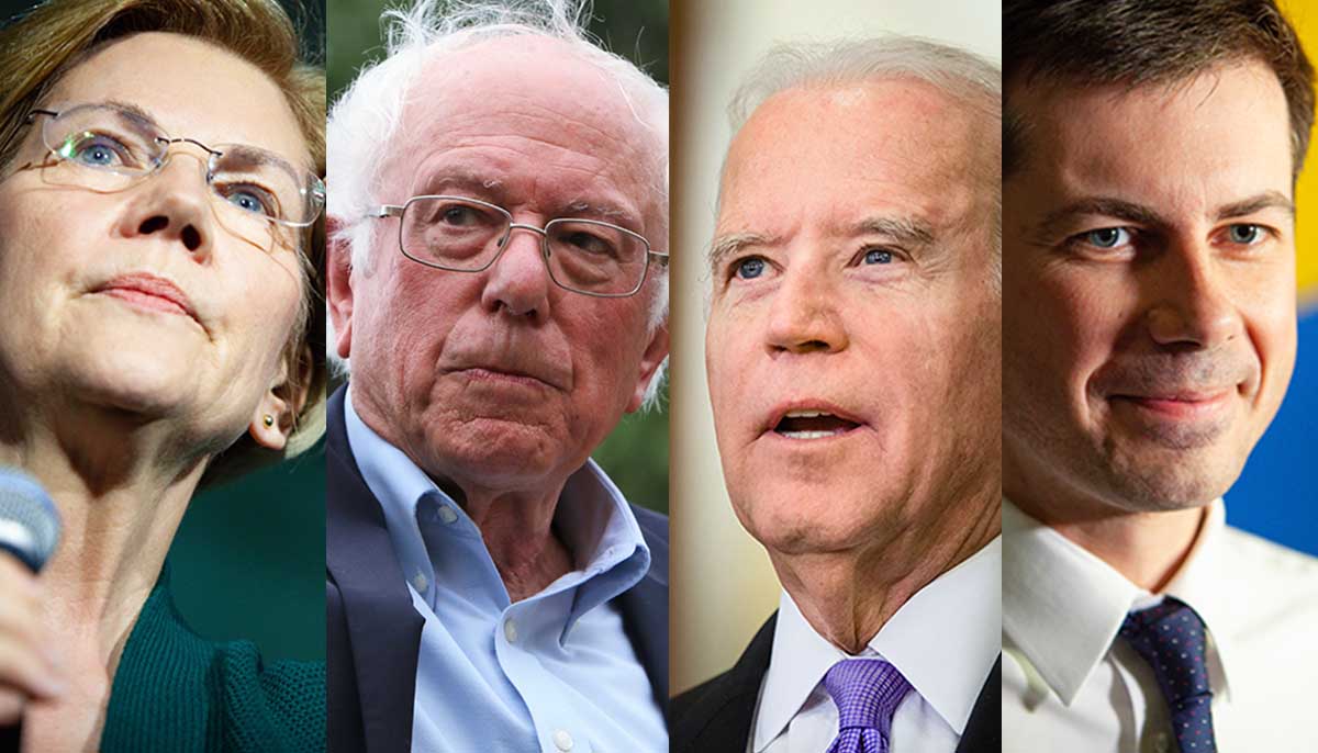 Democratic candidates Elizabeth Warren, Bernie Sanders, Joe Biden and Pete Buttigieg