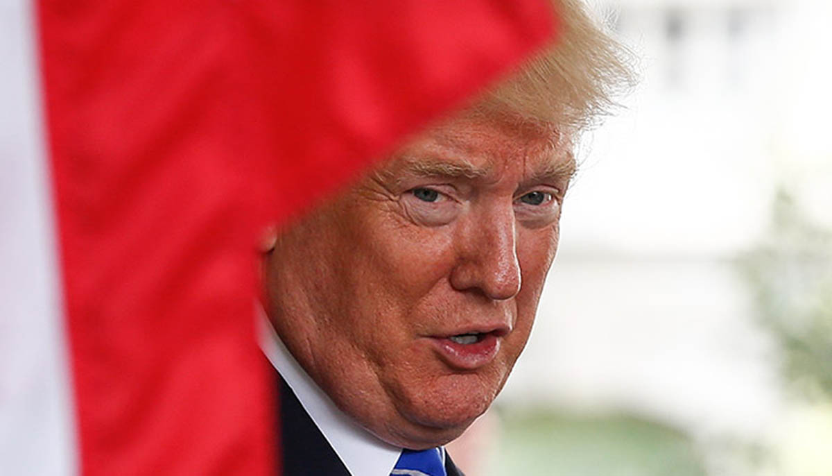 Donald Trump shadowed behind a flag