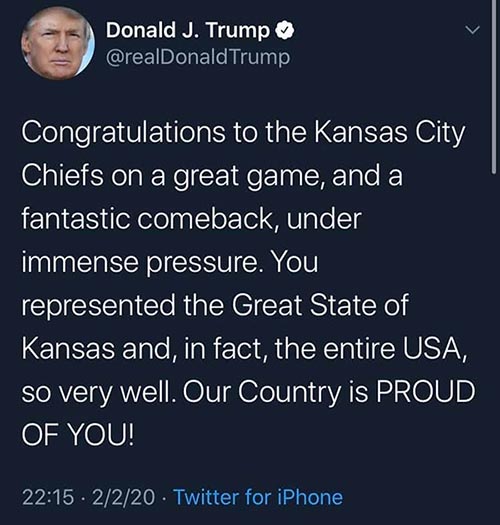 Donald Trump mistakingly congratulates the wrong Kansas for Super Bowl win