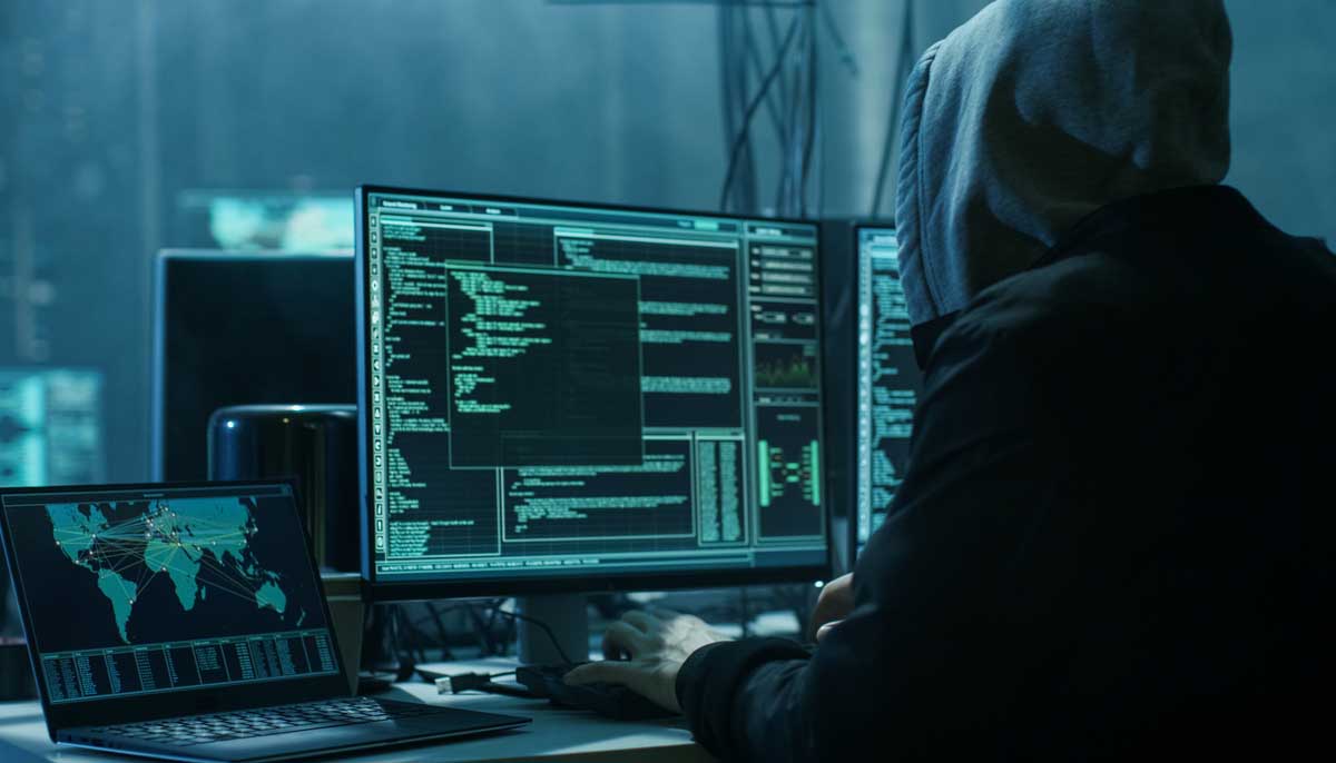 A hacker at work in a shadowy room