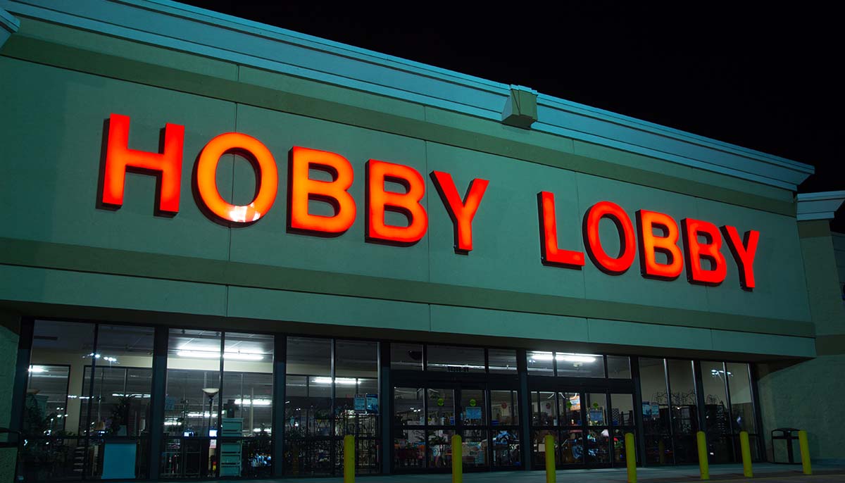 a Hobby Lobby storefront at night