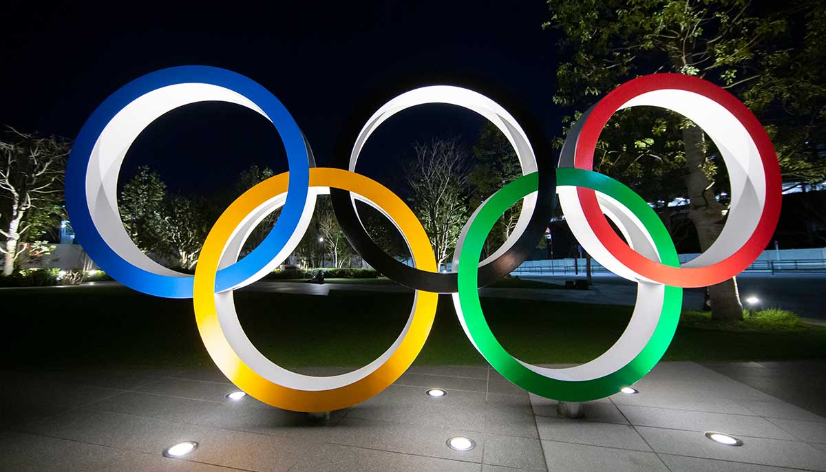 five ring symbol of the Olympic Games in Tokyo at night