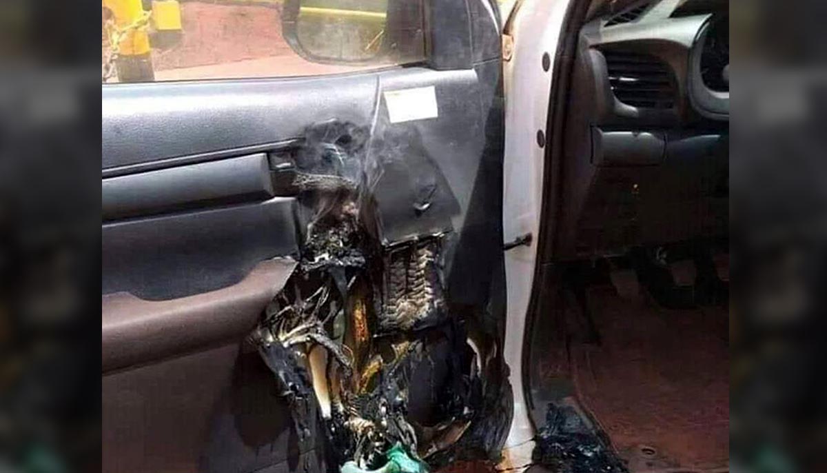 a car door burned from hand sanitizer exposed to heat