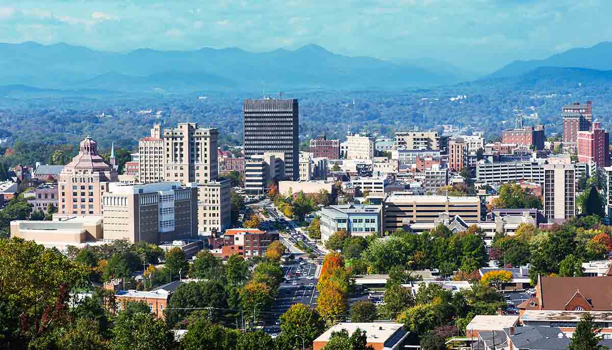 Asheville North Carolina skyline with a blue cast