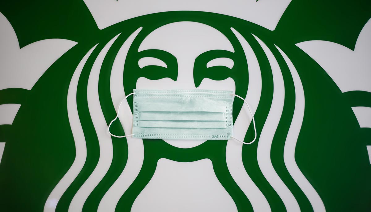 Starbucks logo wearing a coronavirus mask